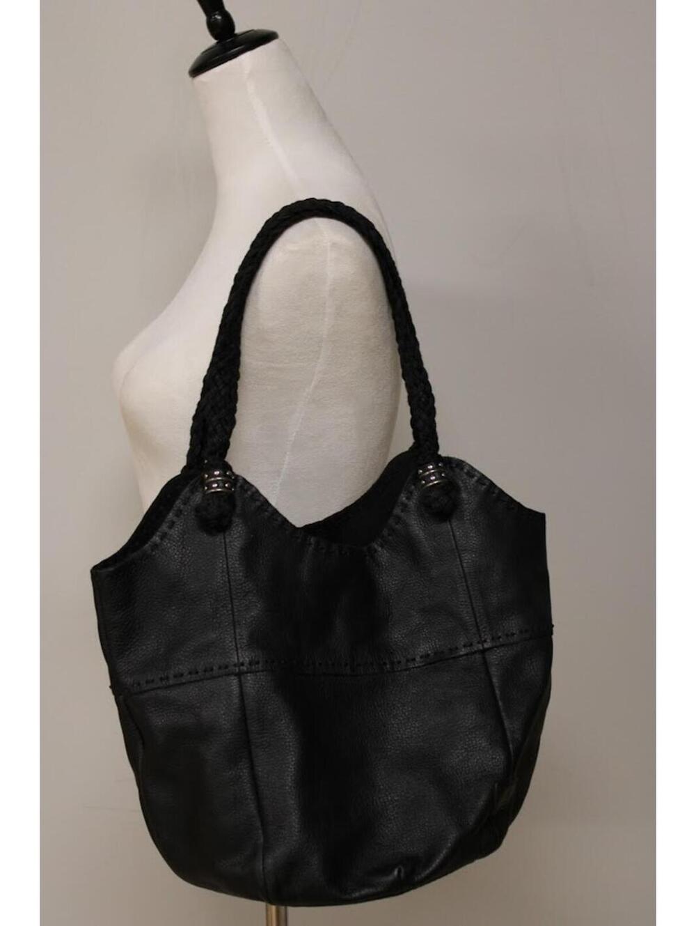 The Sak Black Leather Hobo Shoulder Bag with Braided Handles 14.5" x 10.5"